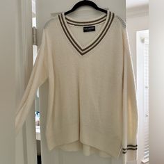 Never Worn!! Cream Lightweight Sweater With Brown Stripe Detail On Sleeve And Collar. Size Xsmall But Over Sized Lightweight Sweater, Light Weight Sweater, Colorful Sweaters, Sweaters For Women, V Neck, Cream, Collar, Fast Delivery, Customer Support