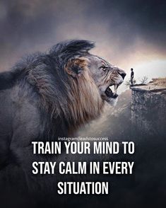 a lion with it's mouth open and the words train your mind to stay calm in every situation