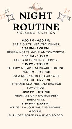 Streamline your college experience with a structured night routine! 🌼 A consistent nightly ritual helps you balance studying, relaxation, and preparation for the next day. 💫 Improve your sleep, reduce stress, and set yourself up for academic success with an effective night routine. 🌸✨ How To Create A Night Routine, Middle School Night Routine, Student Night Routine, Reset Night Routine, Study Day Routine, Night Study Routine, Night Routine List, College Night Routine, College Routine