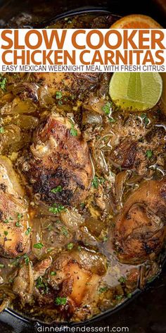 slow cooker chicken carnitas recipe in a skillet with limes on the side