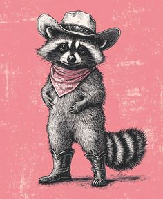 a raccoon wearing a cowboy hat and bandana standing on its hind legs