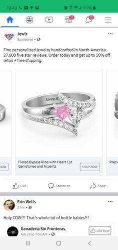 an app showing rings and other items on the store's facebook page, which includes two