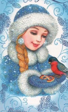 a painting of a girl holding a bird on her arm with snow flakes around her