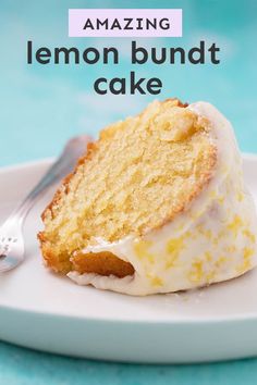 a slice of lemon bundt cake on a white plate with a fork next to it