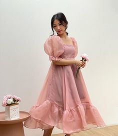 Feminine Pink Puff Sleeve Dress For Wedding, Elegant Pink Puff Sleeve Dress With Ruffles, Organza Puff Sleeve Wedding Dress, Pink Square Neck Bridesmaid Dress, Square Neck Pink Bridesmaid Dress, Elegant Puff Sleeve Organza Dress With Ruffles, Elegant Organza Puff Sleeve Dress With Ruffles, Feminine Puff Sleeve Dress With Ruffles For Wedding, Pink Fitted Puff Sleeve Dress For Wedding