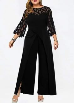 Classy Jumpsuit, Black Plus Size, Jumpsuit Outfit, Plus Size Jumpsuit, Jumpsuit With Sleeves, Trendy Clothes For Women, Mesh Panel, Black Jumpsuit, Long Sleeve Lace