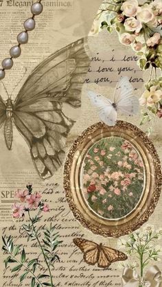 a collage with flowers, butterflies and an oval frame on it's side