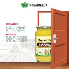 an open door with a jar of honey in it and the words, from our farm to your home