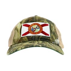 A camo dad styled hat featuring the Florida state flag patch. Military Camouflage Trucker Hat With Flat Brim, Military Style Camouflage Trucker Hat With Flat Brim, Military Style Trucker Hat With Curved Brim, Florida State Flag, Dad Fashion, Flag Patches, Old Florida, State Flags, Florida State