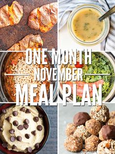 a collage of different meals with the words one month november meal plan on it