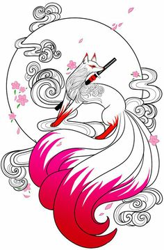 a unicorn riding on top of a pink wave with flowers and clouds around it in the background