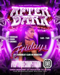 the flyer for after dark friday's with an image of a woman in purple