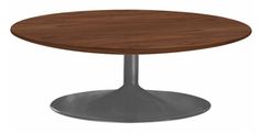 a round wooden table with black base and an oval wood top, viewed from the front