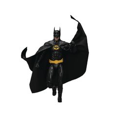 the batman action figure is shown on a white background with black and yellow accents, as well as his cape