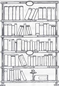 a black and white drawing of bookshelves with many different types of books on them