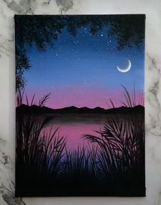 a painting on a marble surface with the moon in the sky above water and grass