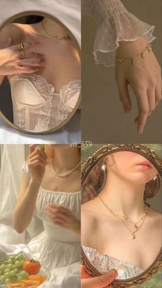 four different images of woman in white dress holding fruit and wearing gold bracelets with hand on plate