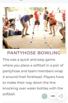 a group of people standing around each other in front of a sign that says pantyhose bowling