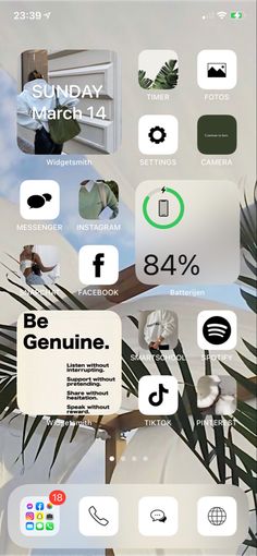 an iphone screen with the text be genuine and various icons on it, including palm leaves