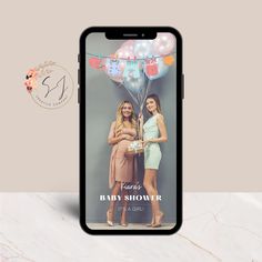 an iphone case with two women holding balloons and the words baby shower written on it