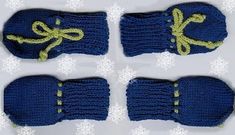 four blue knitted mittens with yellow laces and bows on the top one