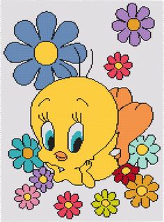 a cross stitch pattern with a yellow bird and flowers