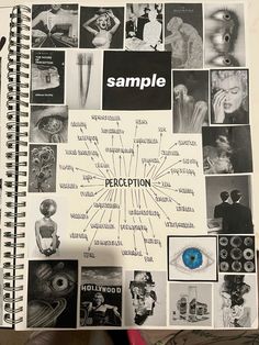 a spiral notebook with pictures and words written on the pages, including an eyeball