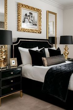 White Black And Gold Apartment, Guest Bedrooms Luxury, Black And Gold Guest Bedroom, Gold And Black Apartment Decor, Black Beige And Gold Bedroom, Black And Gold Room Decor Bedroom, Black White And Gold Room Decor, Black White And Gold Bedroom Decor, Black And Gold Apartment Aesthetic