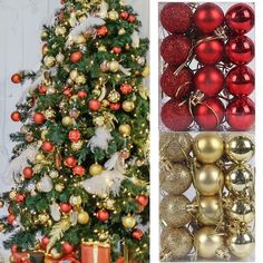 christmas tree with red and gold ornaments next to other holiday decorations in front of a white wall