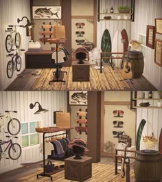 three pictures of the inside of a room with bikes and other items on display in it