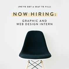 a black chair sitting in front of a white wall with the words now hiring graphic and web design intern