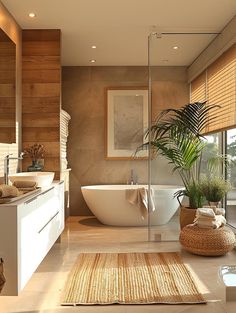 a bathroom with a tub, sink and large window