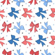 red, white and blue bows with stars on them are all over the place in this pattern