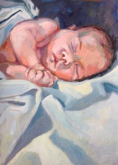 an oil painting of a baby sleeping on a bed