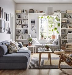 two people sitting in a living room with bookshelves and plants on the wall