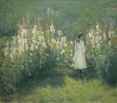 a painting of a woman standing in front of flowers