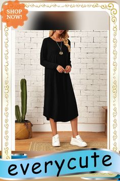 Black Cotton Blend Long Sleeve Casual Dress Chic Plain Black Dress, Chic Black Plain Dress, Black Plain Midi Length Dress, Black Long Sleeve Plain Dress, Black Plain Knee-length Dress, Black Knee-length Plain Dress, Black Casual Midi Dress For Fall, Casual Black Midi Dress For Fall, Black Shift Midi Dress For Fall