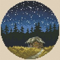 a cross stitch pattern with a cabin in the middle