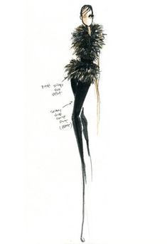 a drawing of a woman's dress with feathers on it