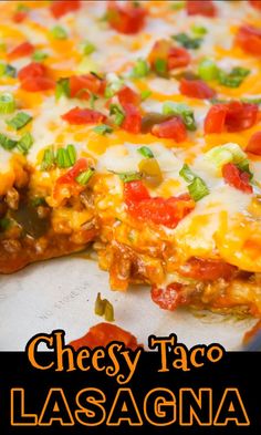 a cheesy taco lasagna is cut in half with the title above it