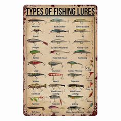 an old fishing lures poster with different types and sizes on it's sides