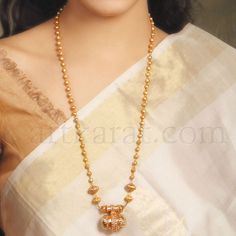 Blouse neckline Gold Balls Long Chain, Balls Chains In Gold, Mohanmala Gold Design, Long Chain With Pendant Gold, Gold Mala Designs, Gold Long Chain Designs, Long Chains Indian Gold, Long Necklace Gold Indian, Long Chain Designs Gold