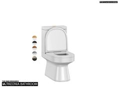 a white toilet with the lid up and five different colors on it's side