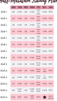 the half marathon training plan is shown in pink