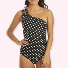 One Shoulder Swimsuit In Black With Off White Signature Polka Dots. Wide Adjustable Shoulder Strap With Ring Buckle And The Option Of Adding An Adjustable Strap For More Support, Shelf Bra, Removable And Quick Drying Pads, Shirred Side, Fully Lined. 8 White Kate Spade Swimwear For Spring, Chic Polka Dot Swimwear For Spring, Bandeau One Piece Swimsuit, One Shoulder Swimsuit, Strapless Bandeau, Halter One Piece Swimsuit, Striped One Piece, Womens Bathing Suits, Shelf Bra