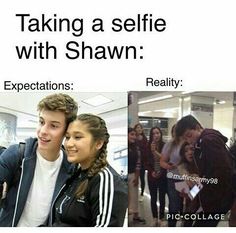 two people taking selfies in an airport with the caption'take a selfie with shawn expectations reality reality