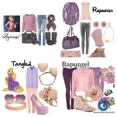 there are many different types of clothes and shoes on this page, including the name rapunzel