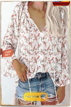 Floral Print Flares Sleeve Blouse Non-stretch Blouse For Brunch, Non-stretch Long Sleeve Blouse For Day Out, Non-stretch Long Sleeve Beach Blouse, Non-stretch Long Sleeve Summer Blouse, Non-stretch Long Sleeve Blouse For Beach, Non-stretch Long Sleeve Blouse For Vacation, Spring Feminine Non-stretch Blouse, Spring Vacation Long Sleeve Blouse, Non-stretch Feminine Blouse With Floral Print