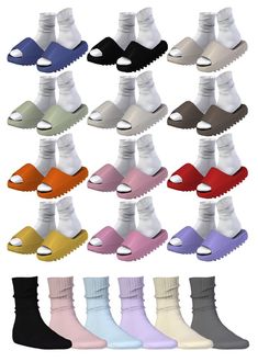 many pairs of socks with different colors and sizes on the bottom one pair is white