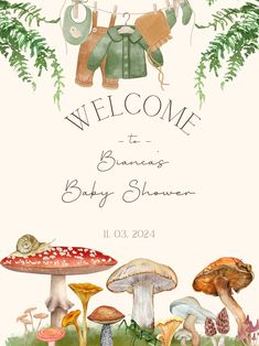 a welcome sign with mushrooms and clothes on it